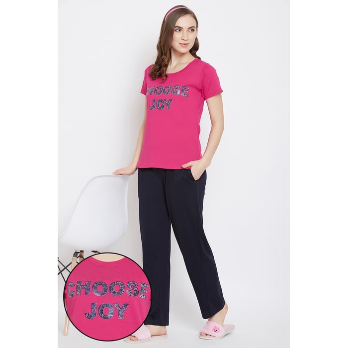 

Clovia Quirky Text Top & Pyjama Set in Pink & Blue - 100% Cotton - LSC124G14