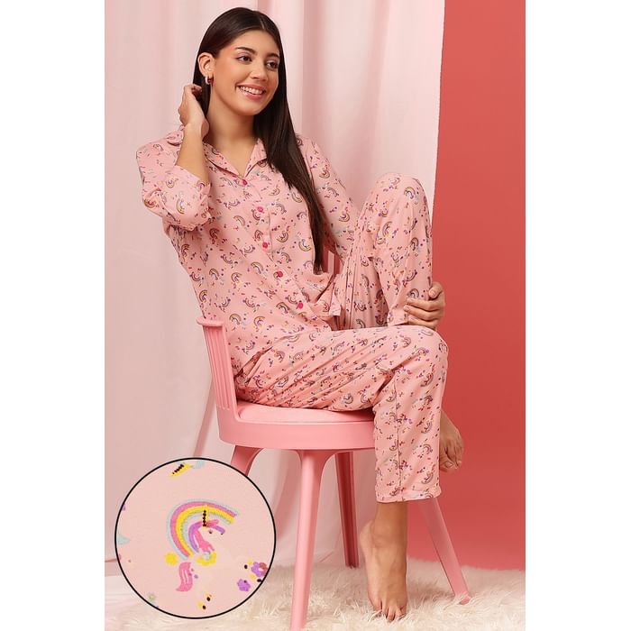 

Clovia Unicorn & Rainbow Print Button Down Shirt & Pyjama Set in Baby Pink - Rayon - LS0385M22, Light pink