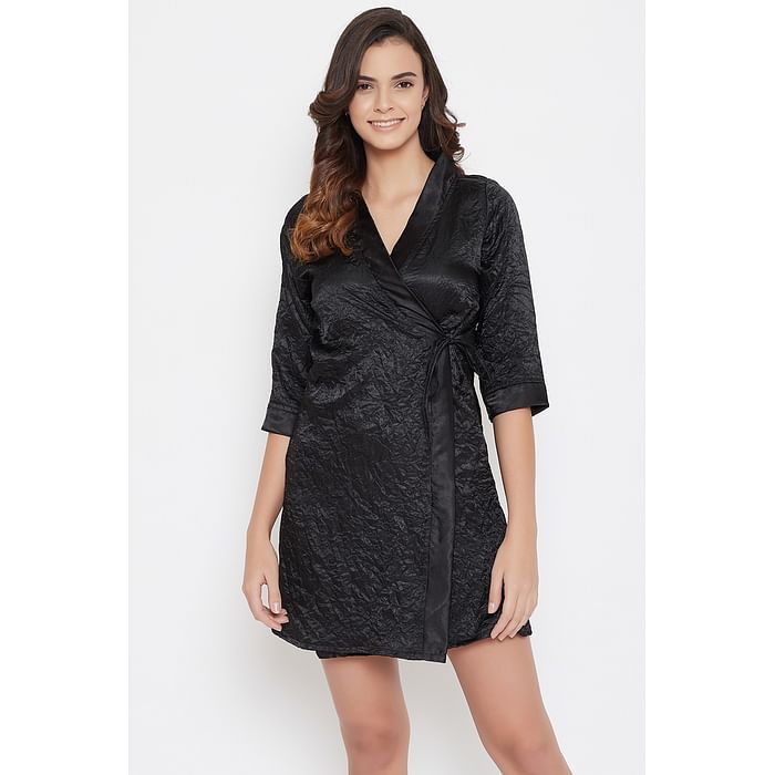 

Clovia Chic Basic Bridal Robe in Black - Crushed Satin - NS1411P13