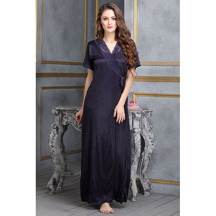 

Clovia Satin Robe In Navy - NSM283P08