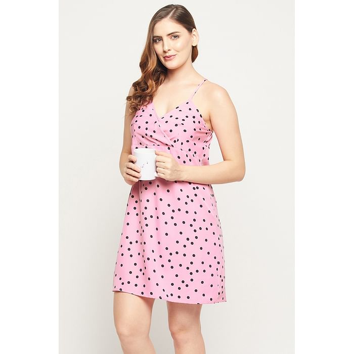 

Clovia Polka Print Beach Dress in Baby Pink - Crepe - RW0005P22, Light pink