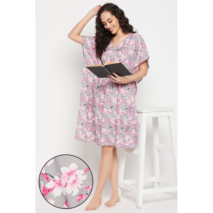 

Clovia Pretty Florals Short Kaftan in Grey - Crepe - RW0013P01, Light grey