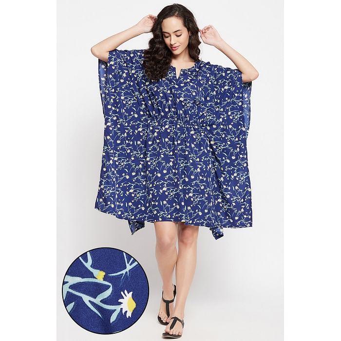 

Clovia Pretty Florals Short Kaftan in Dark Blue - Crepe - RW0013P08, Navy