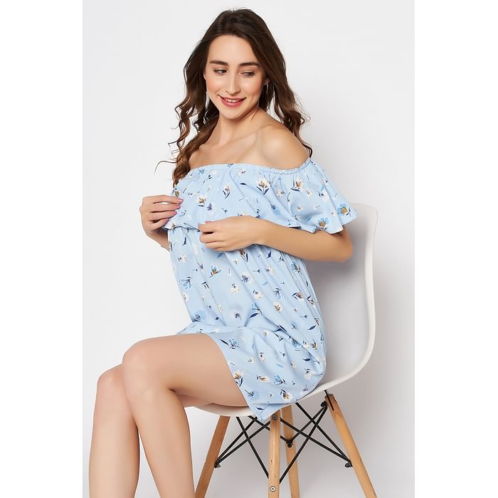 

Clovia Pretty Florals Resortwear Bardot Dress in Baby Blue - Crepe - RW0018P03, Light blue