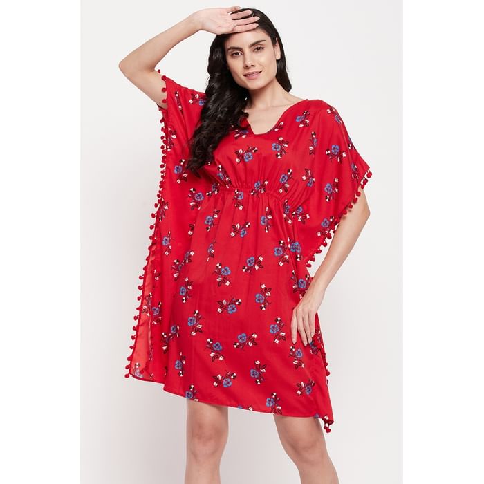 

Clovia Pretty Florals Short Kaftan in Red - Crepe - RW0034P04