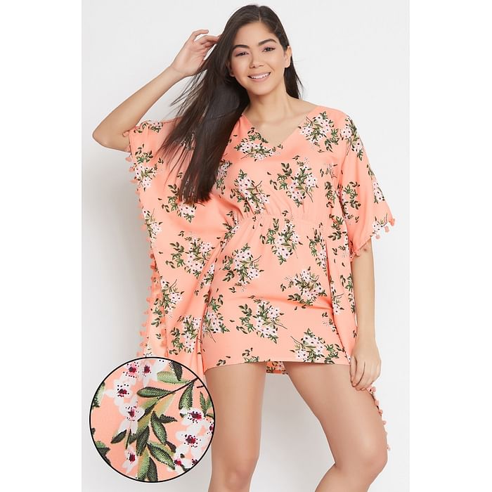 

Clovia Floral Print Short Kaftan in Peach - Crepe - RW0034P34, Teal