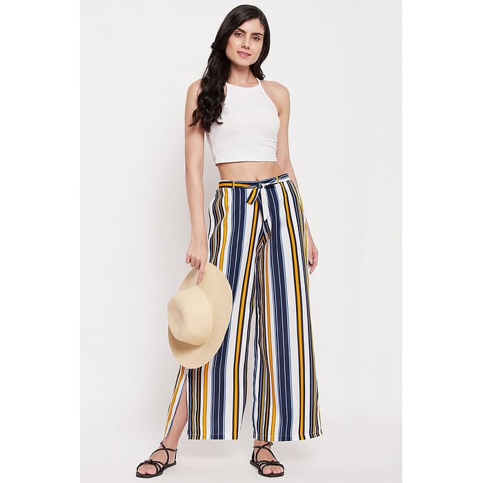 

Clovia Striped Wide Leg Pants in Muticolour - Crepe - RW0042D02, Light yellow