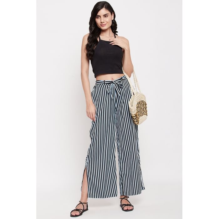 

Clovia Sassy Stripes Flared Pants in White - Crepe - RW0042D18