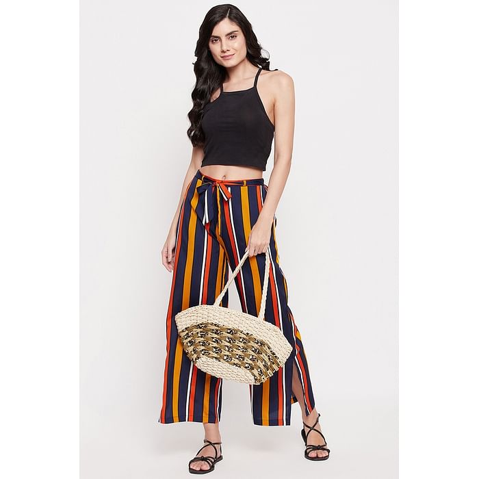 

Clovia Sassy Stripes Flared Pants in Multicolour - Crepe - RW0042D19