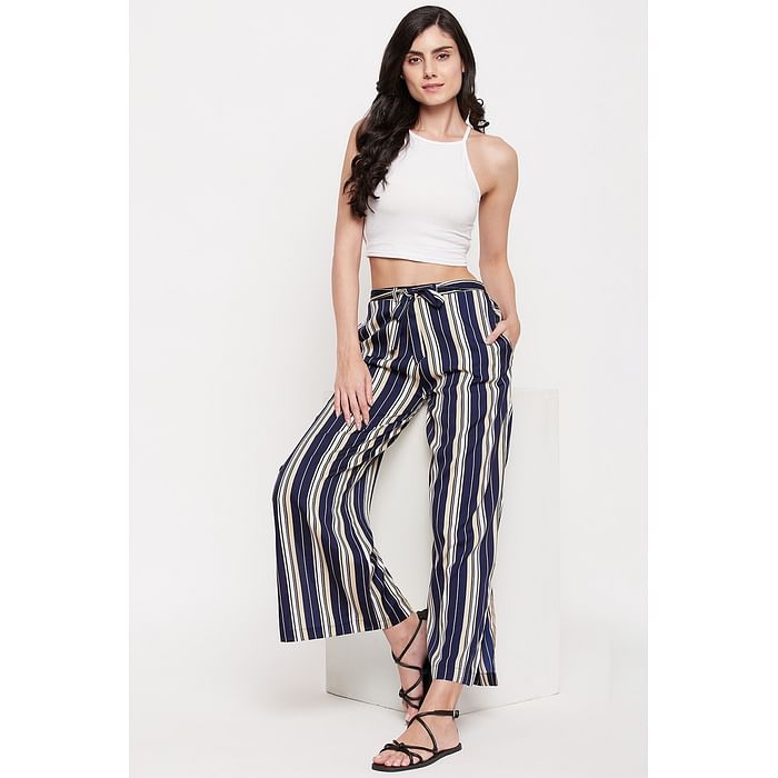 

Clovia Sassy Stripes Flared Pants in Navy - Crepe - RW0042P08