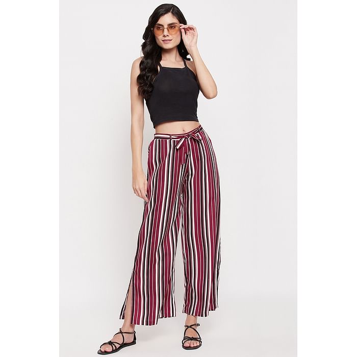 

Clovia Sassy Stripes Flared Pants in Maroon - Crepe - RW0042P09