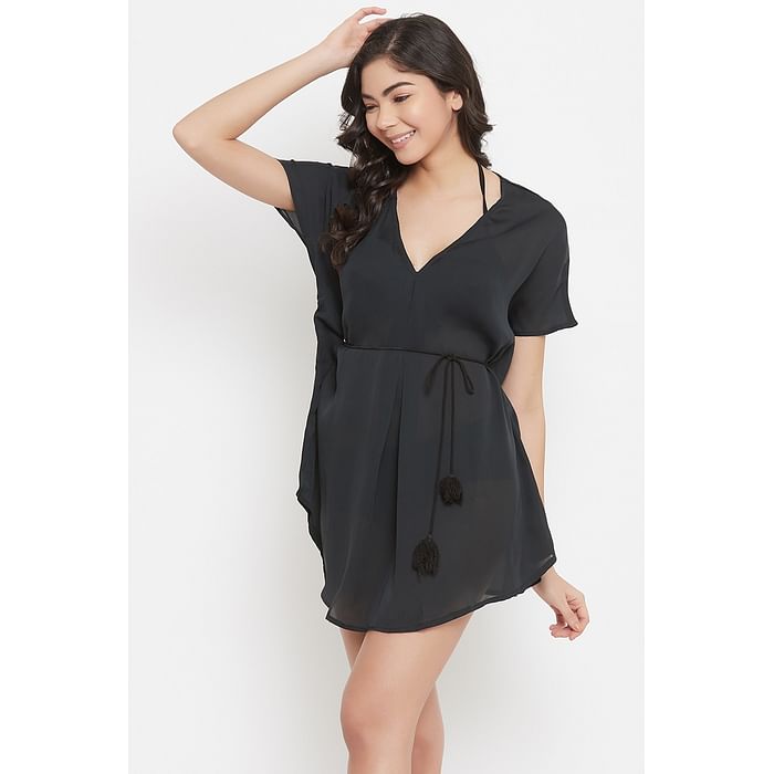 

Clovia Kaftan Cover Up Dress With Tassel Belt in Black - Georgette - RW0044P13