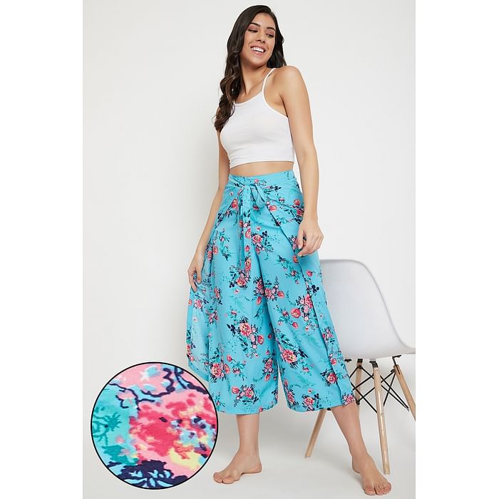 

Clovia Pretty Florals Wrap Pants in Light Blue - Crepe - RW0046P03