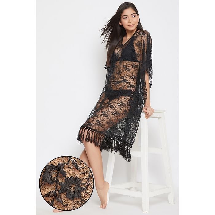 

Clovia Sheer Self-Patterned Cover-Up Kaftan in Black - Lace - RW0047P13