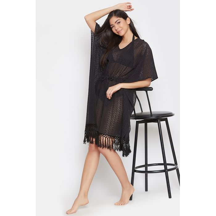 

Clovia Self-Patterned Cover-Up Kaftan in Black - Lace - RW0048P13