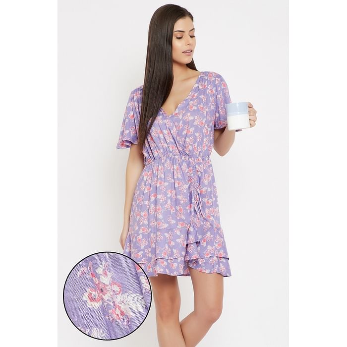 

Clovia Floral Print Ruffled Resort Dress in Lavender - Rayon - RW0052P12