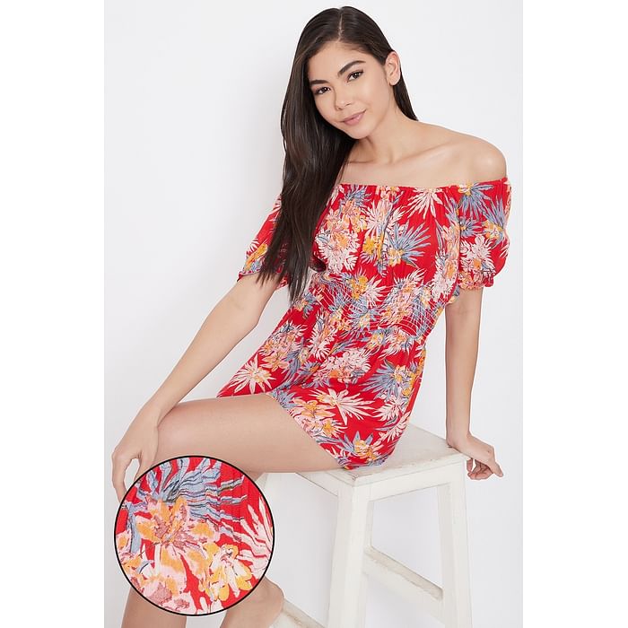 

Clovia Tropical Print Bardot Resort Playsuit in Red - Rayon - RW0053P04