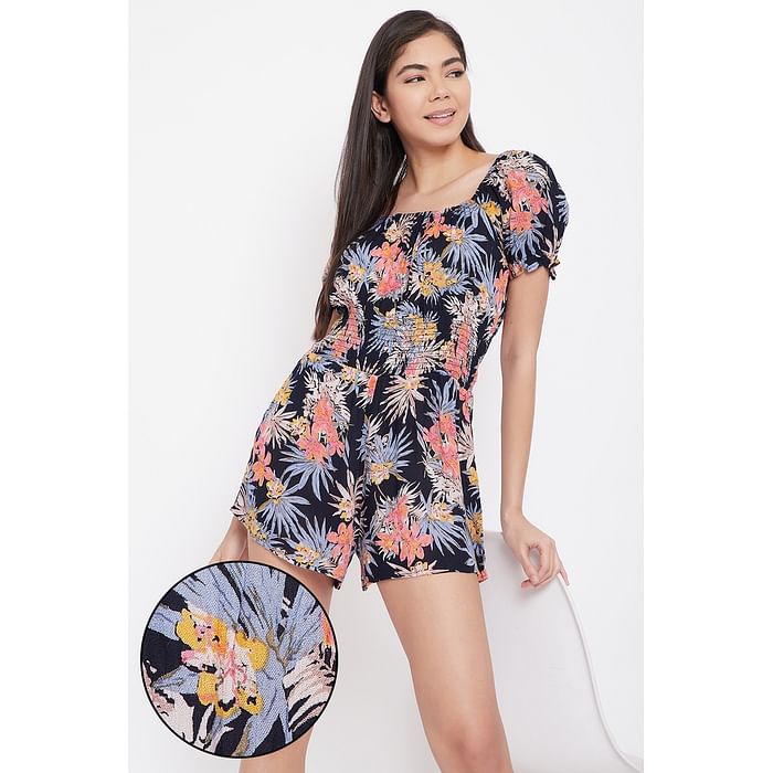

Clovia Tropical Print Resort Playsuit in Navy - Rayon - RW0053P08
