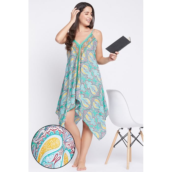 

Clovia Paisley Print Pretty Knee-Length Dress in Turquoise - Crepe - RW0057P35, Teal