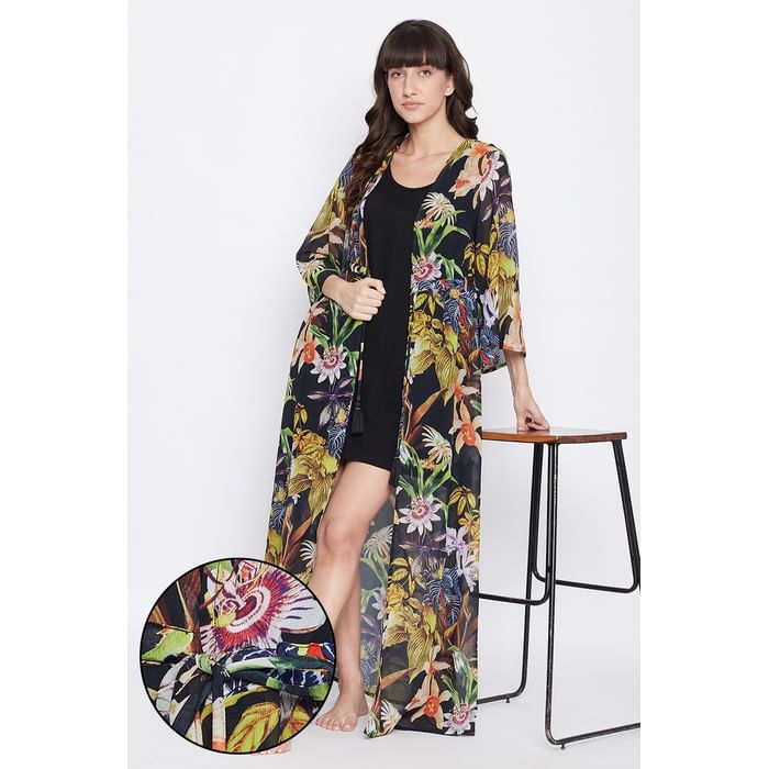 

Clovia Floral Print Long Resortwear Robe in Black - Georgette - RW0063P19, Multicolour
