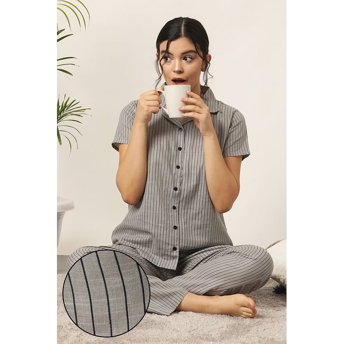 

Clovia Sassy Stripes Button Down Shirt & Pyjama in Grey- Rayon - LS0385P01, Light grey
