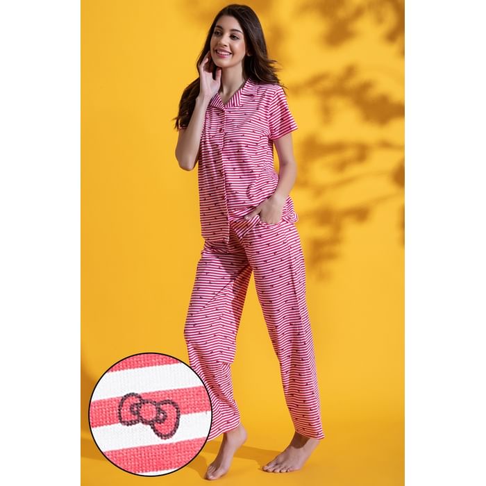 

Clovia Sassy Stripes Button Down Shirt & Pyjama in Coral Red - 100% Cotton - LS0025A04
