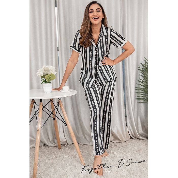 

Clovia Sassy Stripes Button Down Shirt & Pyjama Set in Black - Satin - LS0385U13