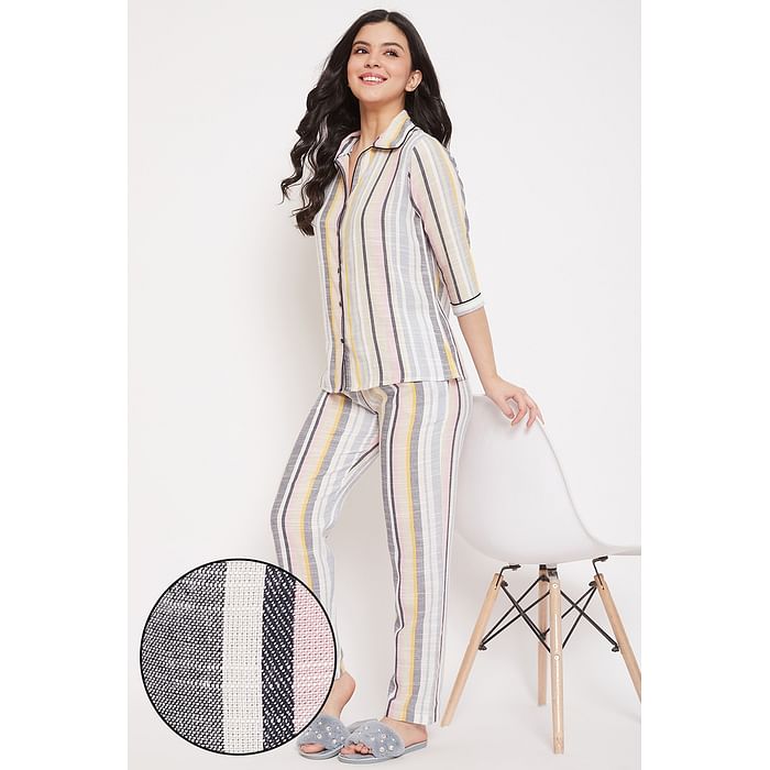 

Clovia Sassy Stripes Button Down Shirt & Pyjama Set in Multicolour - Cotton Rich - LS0385D19