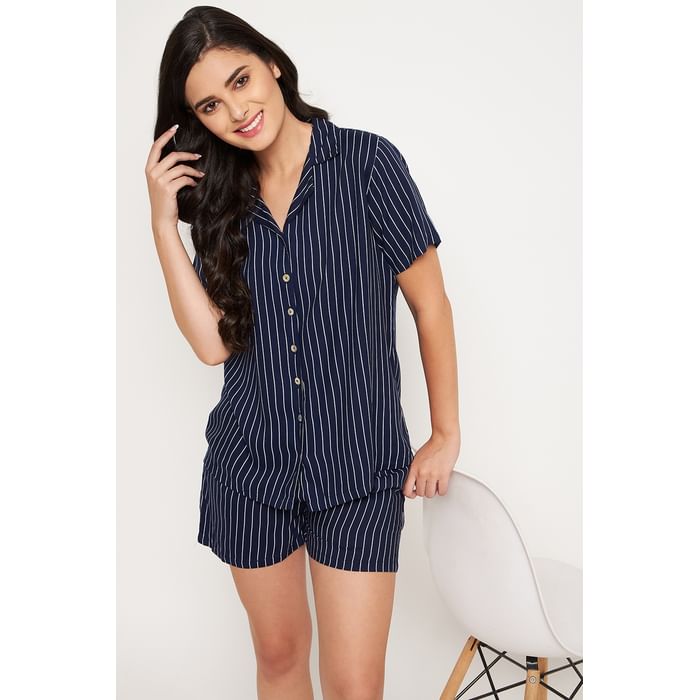 

Clovia Sassy Stripes Button Down Shirt & Shorts in Black - Rayon - LS0141D13