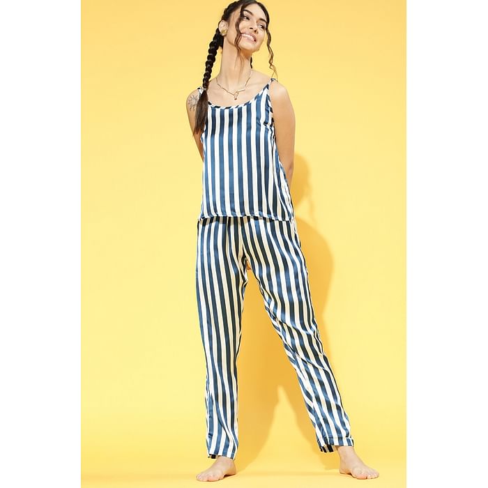 

Clovia Sassy Stripes Cami Top & Pyjama in Blue - Satin - LS0560P08, Navy