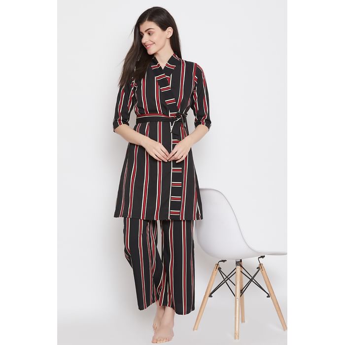 

Clovia Sassy Stripes Cami Top, Pyjama & Robe Set in Black - Crepe - NSC329P08, Navy