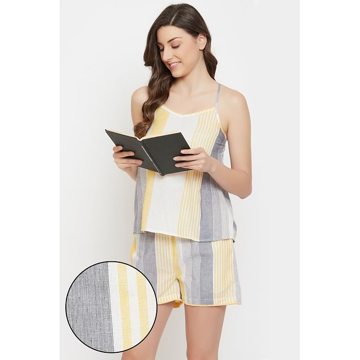 

Clovia Sassy Stripes Cami Top & Shorts in Beige - 100% Cotton - LS0516A02, Light yellow