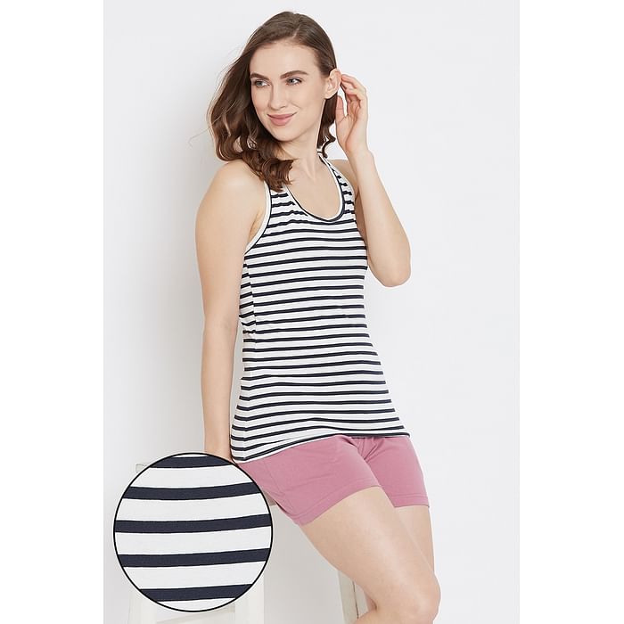

Clovia Sassy Stripes Cami Top & Shorts in White & Pink- Cotton Rich - LSC013F08, Navy