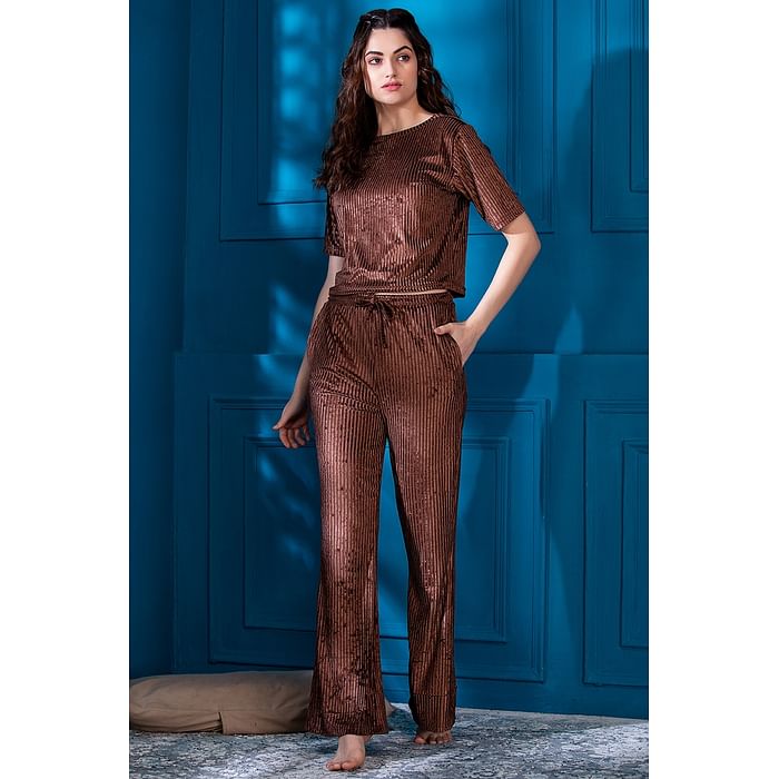 

Clovia Sassy Stripes Crop Top & Pyjama Set in Copper Brown - Velvet - LS0590P06