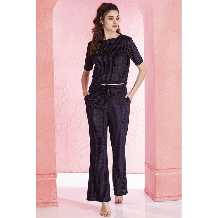 

Clovia Sassy Stripes Crop Top & Pyjama Set in Dark Blue - Velvet - LS0590P08, Navy