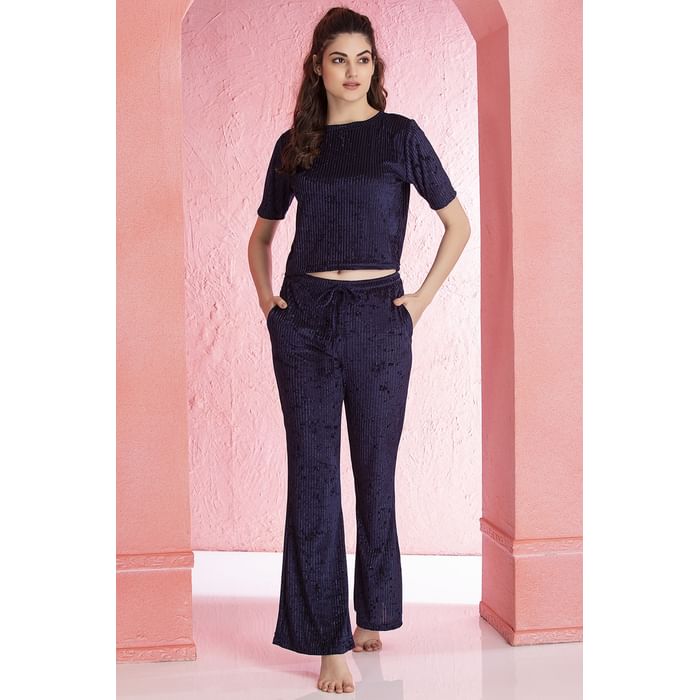 

Clovia Sassy Stripes Crop Top & Pyjama Set in Navy - Velvet - LS0590A08