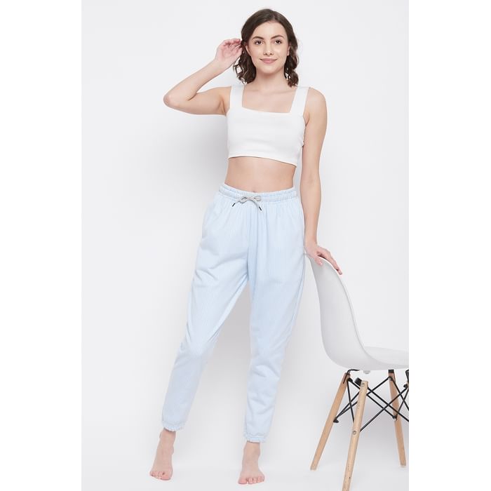 

Clovia Sassy Stripes Cuffed Joggers in Blue - Fleece - LB0202P18, White