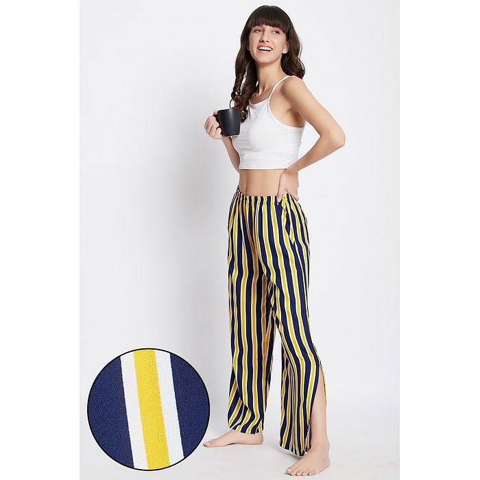 

Clovia Sassy Stripes Flared Pyajam in Yellow with Side Slits - Crepe - RW0042P02, Light yellow