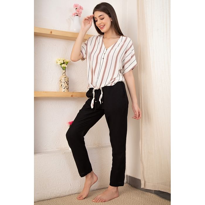 

Clovia Sassy Stripes Knotted Top in White & Pyjama in Black - Cotton - LS0582P18