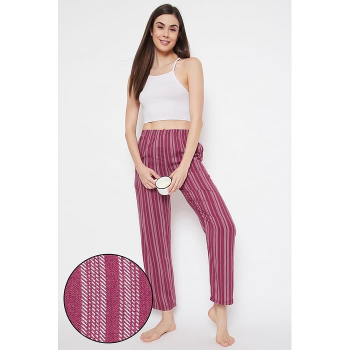 

Clovia Sassy Stripes Pyjama in Dark Pink - Rayon - LB0179A14