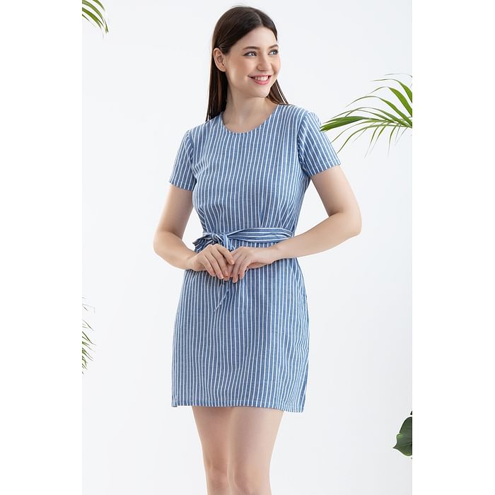 

Clovia Sassy Stripes Short Night Dress in Blue - Cotton - NS1335P08, Navy