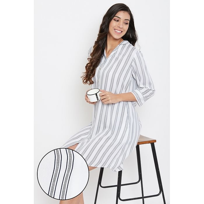 

Clovia Sassy Stripes Short Night Dress in White - Rayon - NS1392P18