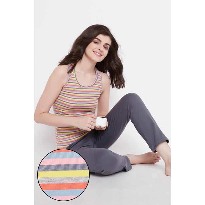 

Clovia Sassy Stripes Tank Top & Pyjama Set in Grey & Multicolour- Cotton - LSC013D19