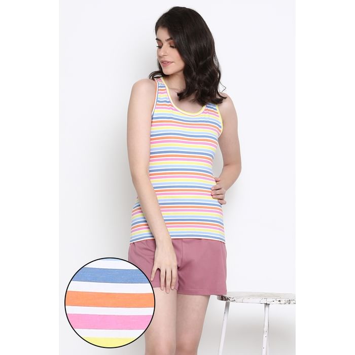 

Clovia Sassy Stripes Tank Top & Shorts in Pink- Cotton - LSC013E19, Multicolour