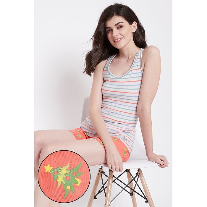 

Clovia Sassy Stripes Tank Top & Shorts Set in Grey & Orange- Cotton - LSC013A19, Multicolour