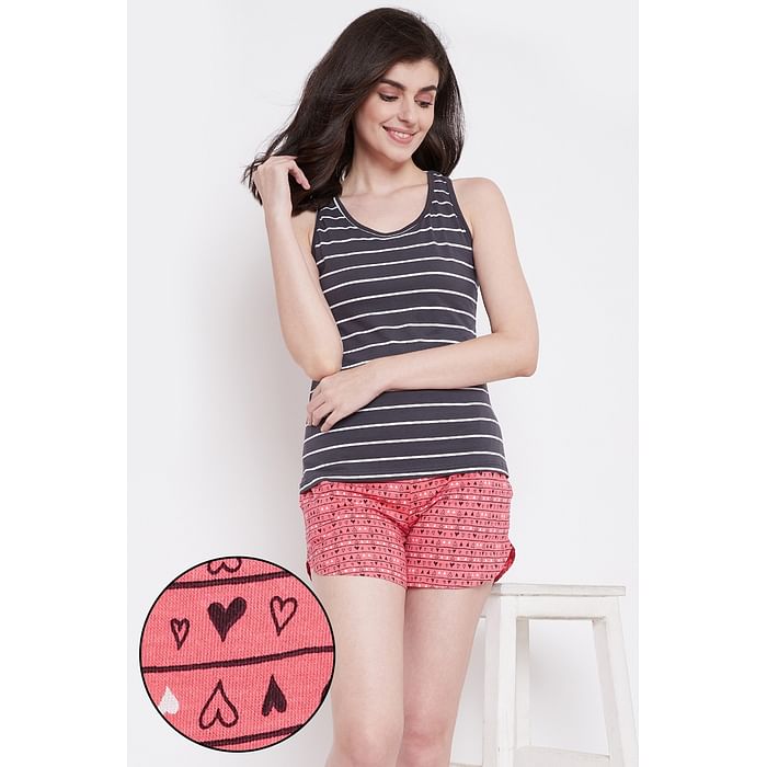 

Clovia Sassy Stripes Tank Top & Shorts Set in Grey & Pink- Cotton - LSC013A05, Dark grey