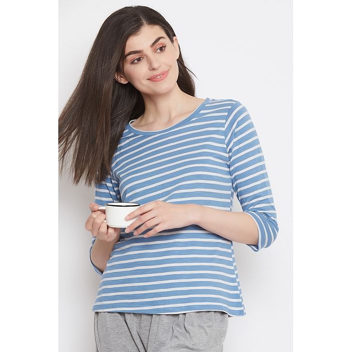 

Clovia Sassy Stripes Top in Blue - Cotton Rich - LT0148F08, Navy