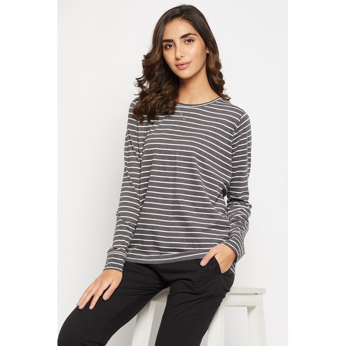 

Clovia Sassy Stripes Top in Dark Grey - 100% Cotton - LT0160P05