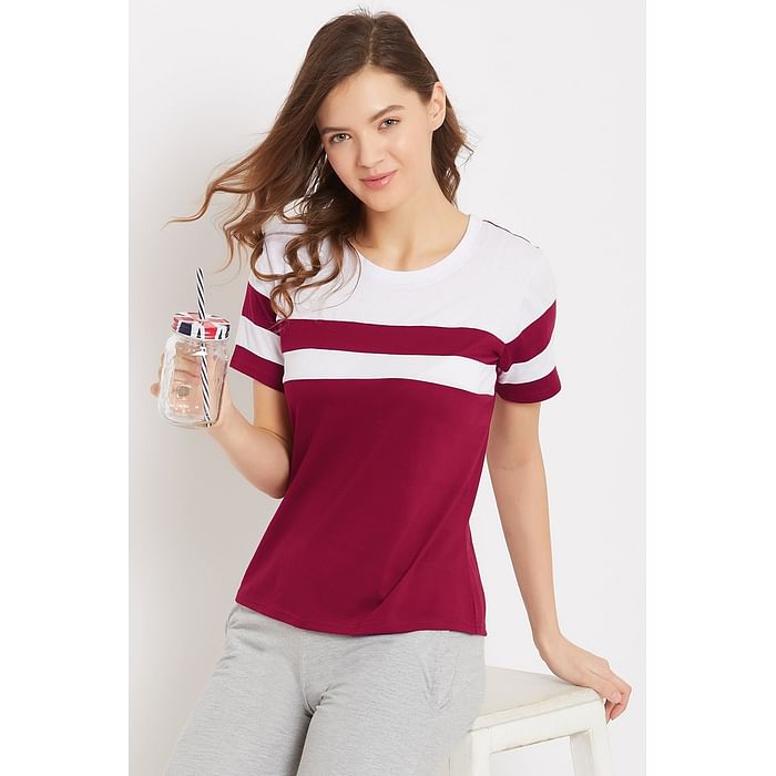 

Clovia Sassy Stripes Top in Maroon - Cotton Rich - LT0156P09