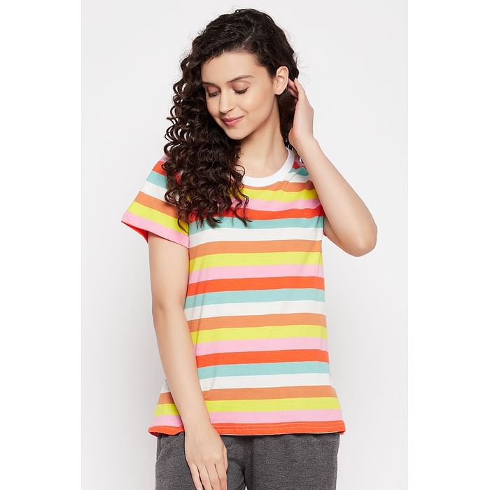 

Clovia Sassy Stripes Top in Multicolour - 100% Cotton - LT0132P19